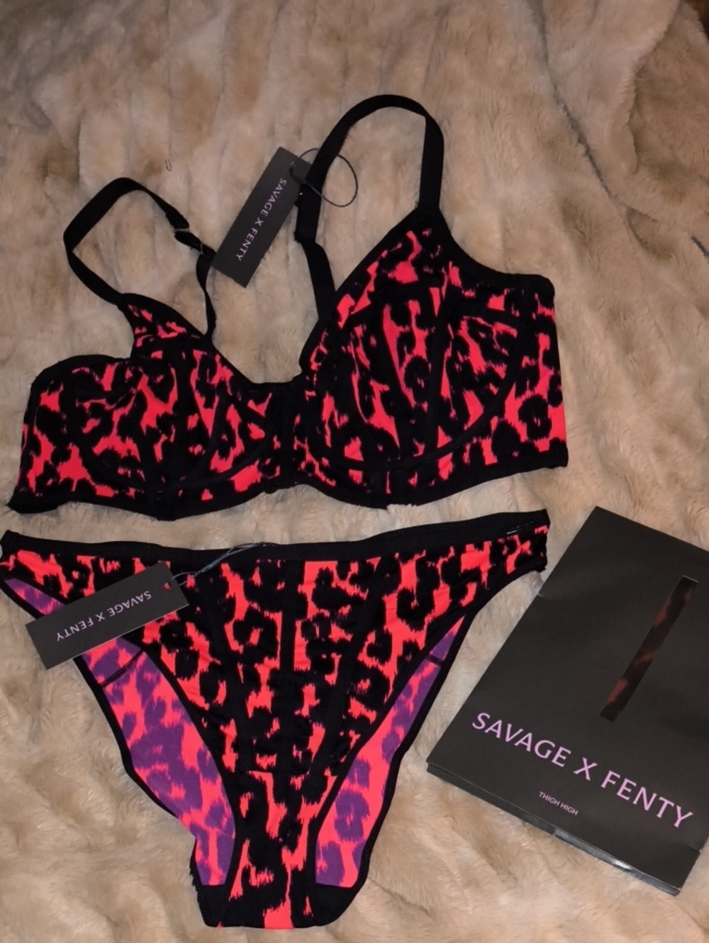Savage X Fenty City Kitty Unlined Demi Bra, High-leg Bikini Panty & Stocking Set